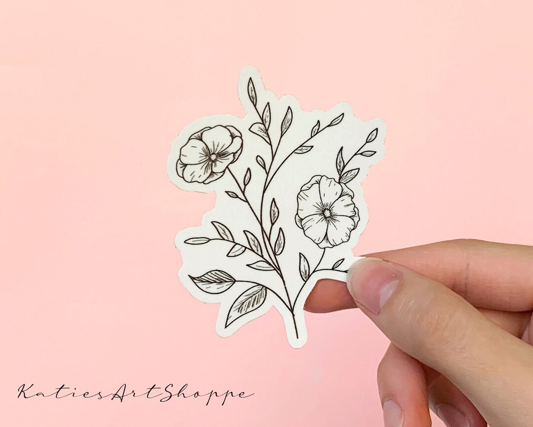 Flower Line Drawing Waterproof Sticker for Girls, Vinyl Flower Stickers ...