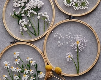Set Of 4(A+B+C+D),Plant Embroidery Kit For Beginners, Floral Diy Kit, Transparent Embroidery Full Kit,Diy Modern Kit- English Guide