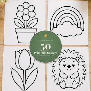 Op de afbeelding: Vier vierkante witte vellen met zwarte lijntekeningen om in te kleuren, waaronder een bloem in een pot, een regenboog met een wolk, een tulp en een egel. Een rond groen label in het midden toont de tekst Gentle Garden 50 Printable Designs.