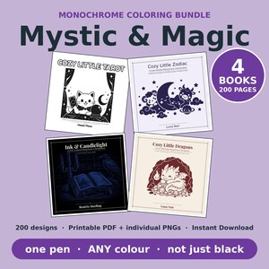Può includere: Un set da colorare monocromatico intitolato Mystic & Magic contenente 4 libri con 200 pagine. I libri sono intitolati Cozy Little Tarot, Cozy Little Zodiac, Ink & Candlelight e Cozy Little Dragons. Il set include 200 disegni come PDF stampabili e PNG individuali.