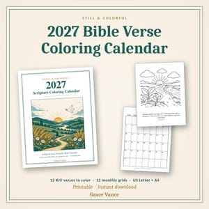 May include: A 2027 Bible Verse Coloring Calendar featuring a cover with a landscape illustration of a sun, hills, and a dove. Includes a monthly grid page and a coloring page with a nature scene and scripture text. The text reads 2027 Bible Verse Coloring Calendar.