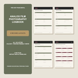 May include: An analog film photography logbook digital template featuring a dark olive green cover page with white text and four interior page layouts. The pages include sections for film stock inventory, loaded roll records, processing records, and contact sheets.