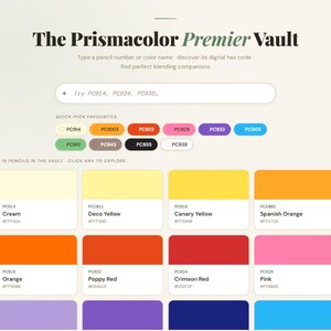 May include: A webpage titled "The Prismacolor Premier Vault" with a search bar and color swatches. The page features color names like Cream, Deco Yellow, and Poppy Red, along with their corresponding hex codes. Quick-pick favorites are displayed.