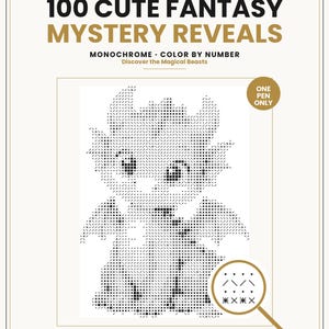 Könnte beinhalten: Ein Buchcover mit dem Titel 100 CUTE FANTASY MYSTERY REVEALS von Hazel Moss. Es zeigt eine monochrome Malen-nach-Zahlen-Drachenillustration, einen goldenen Kreis mit der Aufschrift ONE PEN ONLY und eine Lupe, die Symbole für den Prozess darstellt.
