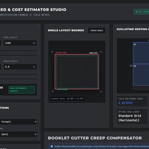 Pre Press Print Bleed Calculator App, Zine Creep Booklet Margins Optimierer Studio-Tool, 2D Sheet Nesting Layout Layout Template