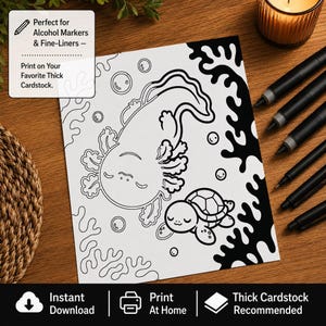 Monochrome Axolotl Coloring Book | Kawaii Sea Friends, 50 Bold Pages (PDF + PNG)