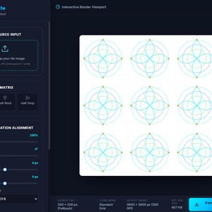 May include: A digital software interface titled Pattern Suite featuring a dark theme with a central white square canvas displaying a repeating geometric pattern of teal intersecting circles and small gold dots arranged in a standard grid layout.