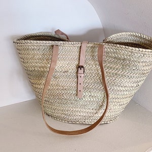 French Market Basket || Woven Basket || Straw Basket ||  Handmade Moroccan Basket with Leather Handles & Buckle