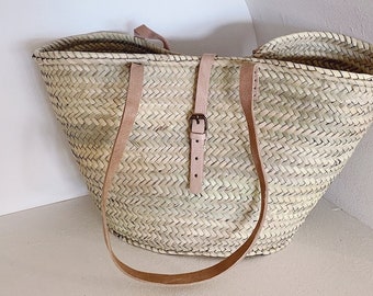 FRANCE MARKET BASKET, straw basket bag, france basket, market basket, Straw Basket, straw market bag with short Leather Handles