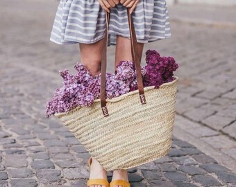 PANIER DE MARCHÉ avec de longues poignées en cuir | Panier français | Panier marocain fait à la main | Panier du marché français