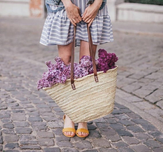 French Market Bag with Long Leather Handles