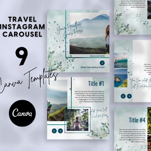 Può includere: Nove modelli Canva per una carosello Instagram di viaggio. I modelli presentano uno sfondo acquerellato blu e verde con testo bianco e immagini di paesaggi tropicali. Il testo include "Il tuo titolo qui", "Scorri per l'intera storia", "Titolo n. 1", "Puoi aggiungere tutti i tuoi inviti all'azione qui", "Titolo n. 3" e "Titolo n. 4".