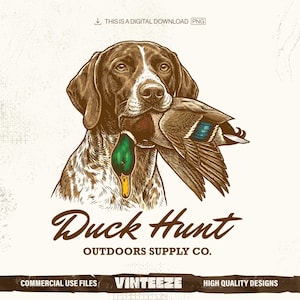May include: A detailed illustration of a hunting dog with a duck in its mouth. The dog is brown and white, and the duck has green, brown, and blue feathers. The text "Duck Hunt OUTDOORS SUPPLY CO." is below the image. The image also includes the text "THIS IS A DIGITAL DOWNLOAD PNG".