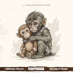 Puede incluir: Ilustración digital de dos monos. Uno abraza al otro, con lágrimas en los ojos. El otro mono sonríe. La imagen contiene el texto "THIS IS A DIGITAL DOWNLOAD PNG" y "VINTEEZE".