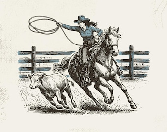 Western PNG Cowgirl Roping Design, Rodeo PNG Sublimation, Vintage Horse Graphic, Western Print for Shirts, Retro Country Clipart