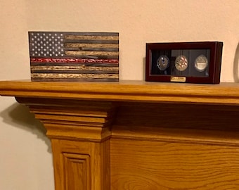 Handmade Thin Red Line Flag, Firefighter Gift, Rustic Wood Decor