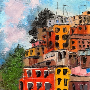 Cityscape Original Oil Palette Knife Painting Stretched Deep Canvas  Artwork Small Painting Mini Impasto  Painting Village Riomaggiore Italy