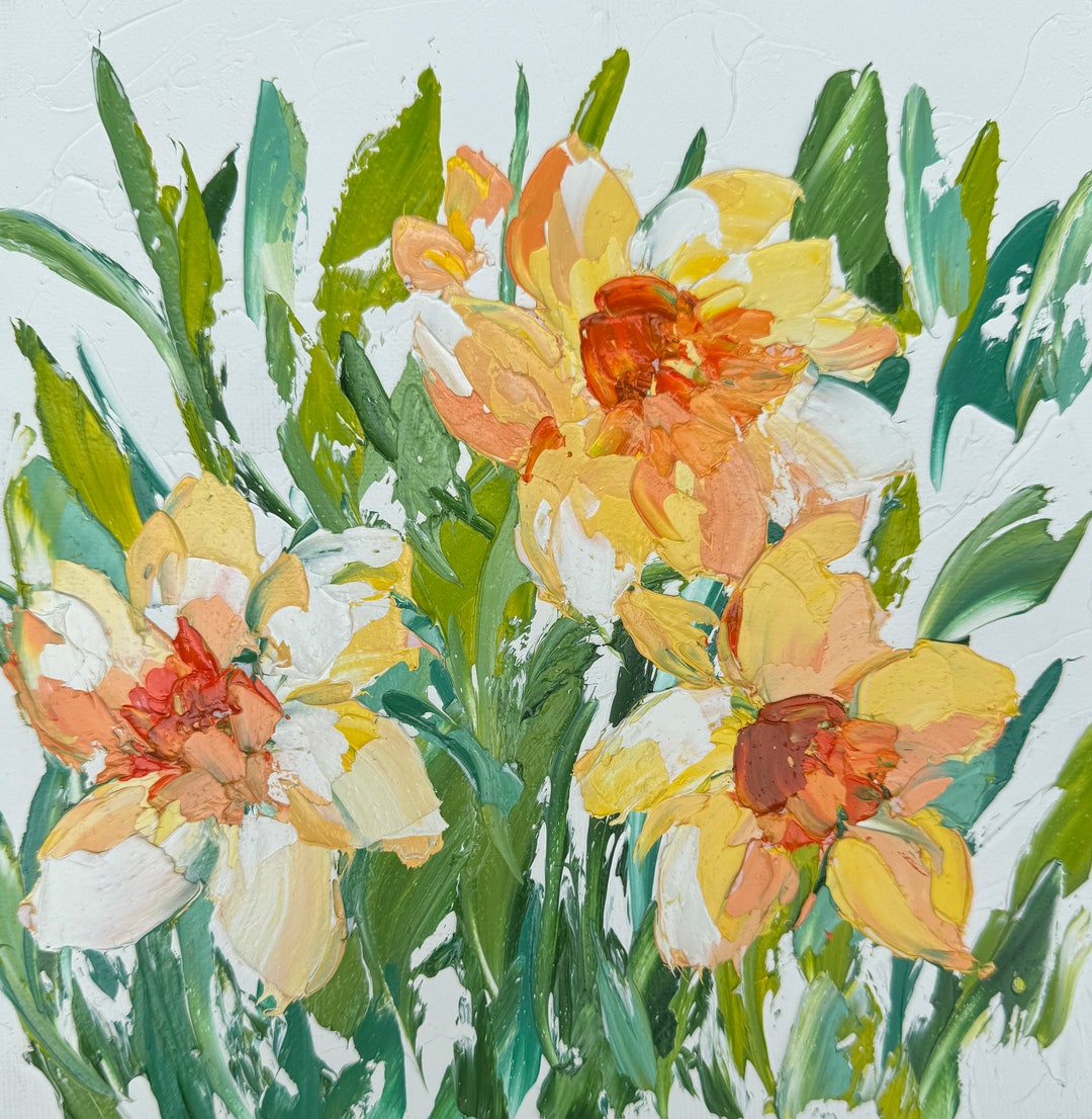 Daffodils Original Oil Painting on Canvas Board 8x8 Small Art Mini ...