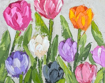 Tulipes Original peinture à l'huile toile Conseil couteau à palette Art 4 x 4 peinture Small Art Mini peinture impressionniste