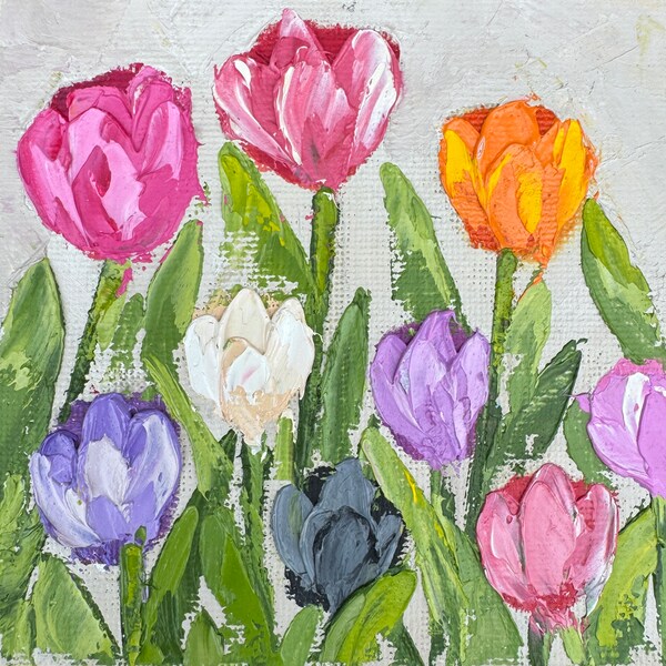 Tulips Original Oil Painting Canvas Board palette knife Art 4x4 painting Small Art Mini Painting Impressionist