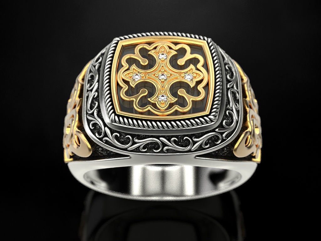 Pattern Cross Mens Silver Ring, Pattern Cross Mens Silver