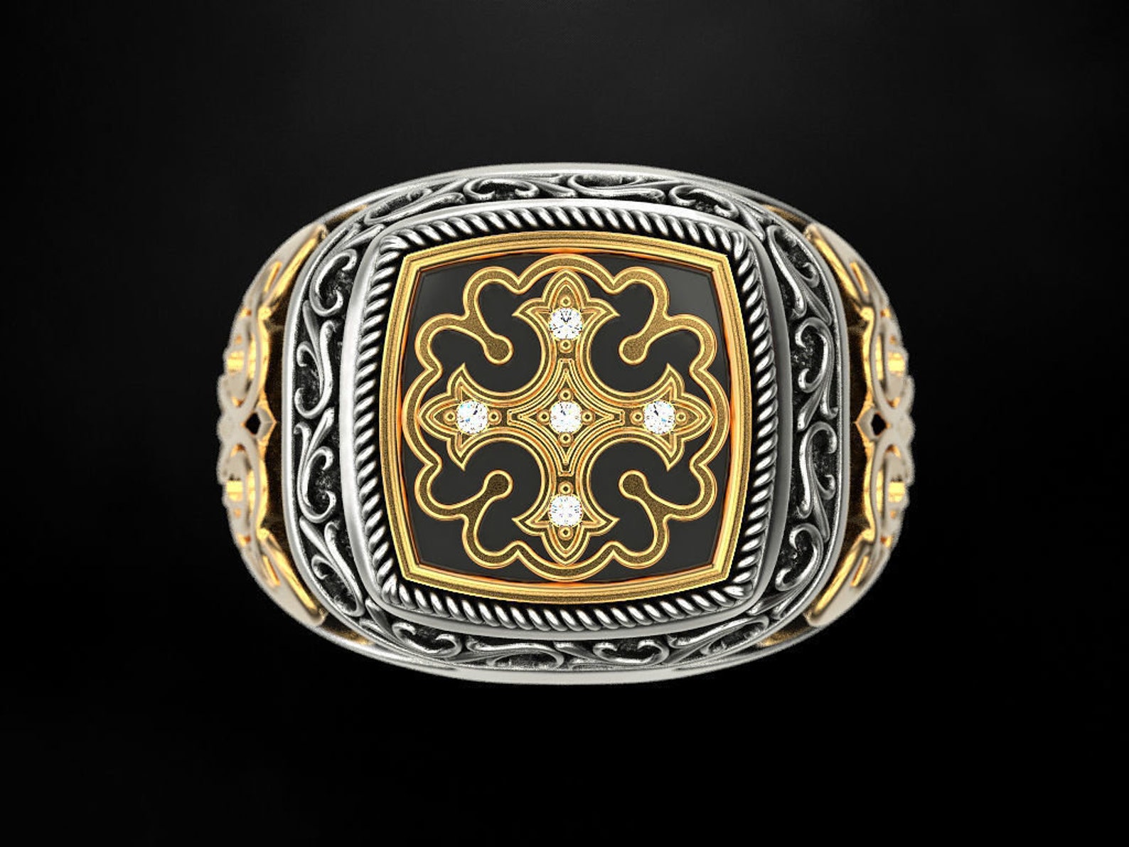 Pattern Cross Mens Silver Ring, Pattern Cross Mens Silver