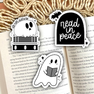 Spooky Bookish Stickers - Halloween, Vinyl, Black and White, Ghost, Book, Do Not Disturb, Read In Peace, Skull, Books, Gift, Present