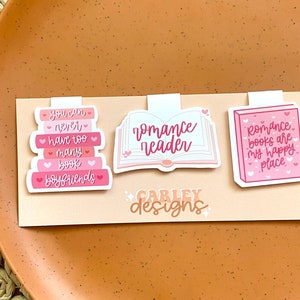Romance Reader Bookish Magnetic Bookmark Set - Book Boyfriend, Fictional, Genre, Hearts, Valentine, Book Lover, Pink, Individual or Set