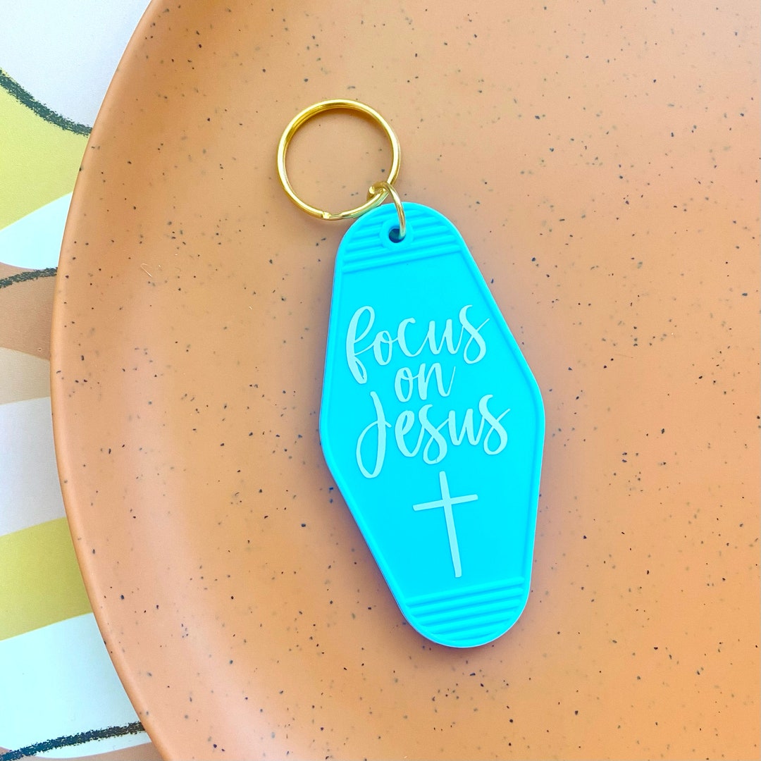Focus on Jesus Keychain Vintage, Motel Keychain, Blue, Christian