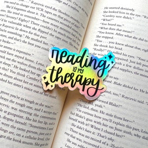 Reading is My Therapy *HOLOGRAPHIC* Sticker - Bookish, Reader, Book Stack, Gifts, Present, Neutrals, Aesthetic, Romance, TBR Cart, Self Love