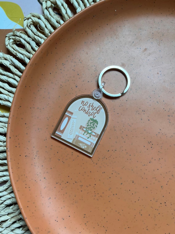 CarleyDesignsCo No Shelf Control Keychain - Aesthetic, Car Keys, Gift Idea, Bookish Present, Reader, Book Stack, One More Chapter, Neutrals, Plant Mom