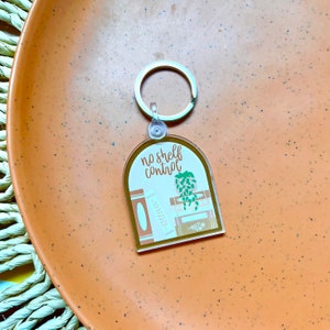 May include: A clear acrylic keychain with a gold arch and a stack of books. The keychain has the text "no shelf control" and a green plant hanging from the top book.