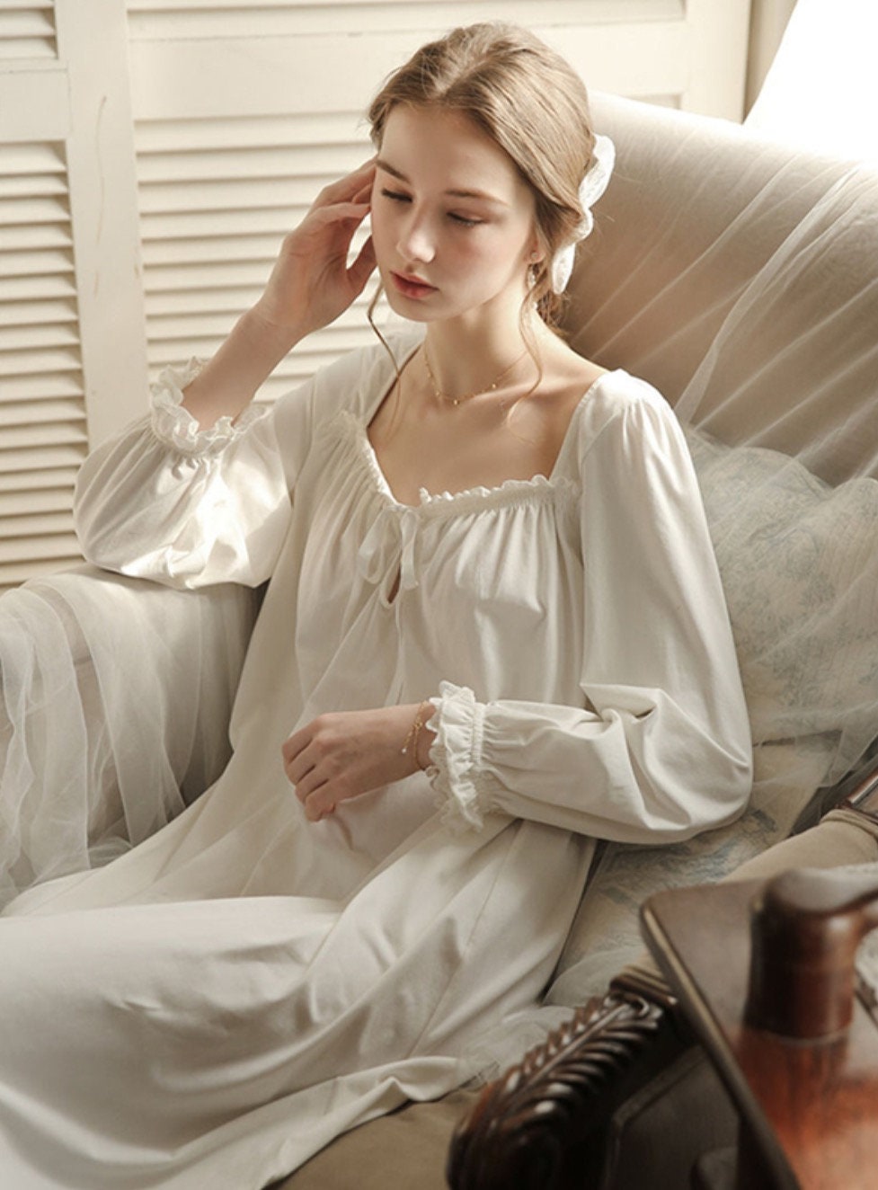 Longsleeve Cotton Classic Nightgown Victorian Nightgown Etsy UK