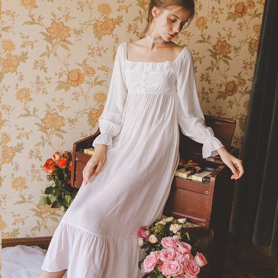 VintageFranceCo Long-Sleeve Vintage Cotton Nightgown, Summer Nightdress, Cotton Nightgown, Bridal Nightgown, Sleepwear, Loungewear