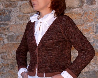 Brown openwork knitted cardigan