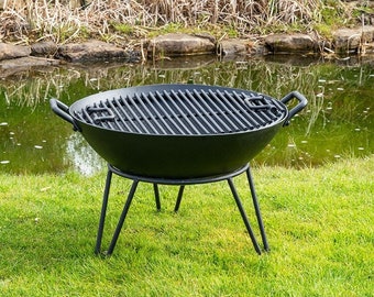 Heavy Duty Steel Fire Pit - Handmade Log Burner Heater with Solid Grill and Stand Perfect For Barbecues BBQ - Black or Rust Finish