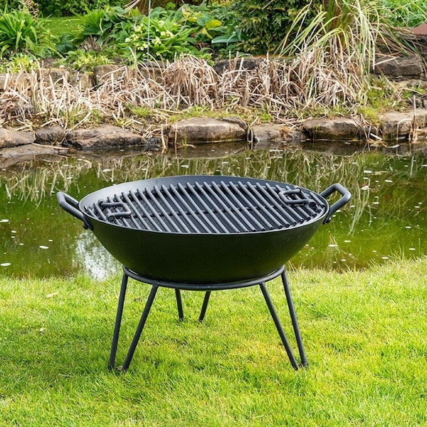 Heavy Duty Steel Fire Pit - Handmade Log Burner Heater with Solid Grill and Stand Perfect For Barbecues BBQ - Black or Rust Finish