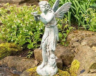 Statue de fée oiseau en fonte - Ornement de jardin d'extérieur vert de gris