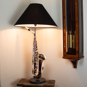 Large Saxophone Table Lamp with Black Shade Silver brass
