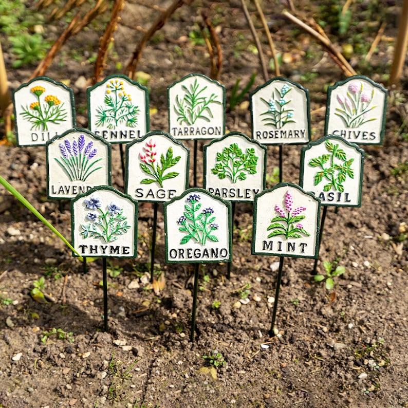 Metal Herb Markers Cast Iron Hand Painted Vegetable / Salad