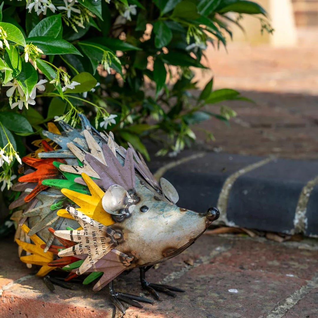Photo inspiration: Recycled Metal Patio Decor Reference: Upcycled Tin Hedgehog Sculpture Handmade Recycled Metal Garden Decor