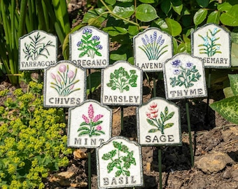 Metal Herb Markers - Cast Iron Hand painted Vegetable / Salad / Flower Labels