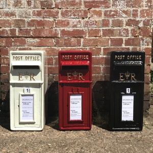 Royal Mail ER Cast Iron Post Box Red, Black and White Mailbox Option on Stand/Wall Mount image 1