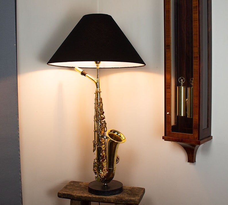 Large Saxophone Table Lamp with Black Shade Polished brass