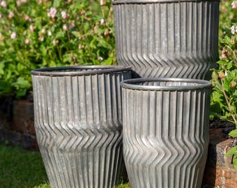 Set Of 3 Galvanized Oval Planters - Rustic Metal Flower Pots For Indoor/Outdoor