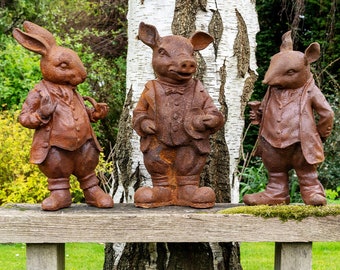 Statues de jardin en fonte Mr Rabbit, Mr Ratty et Mr Pig