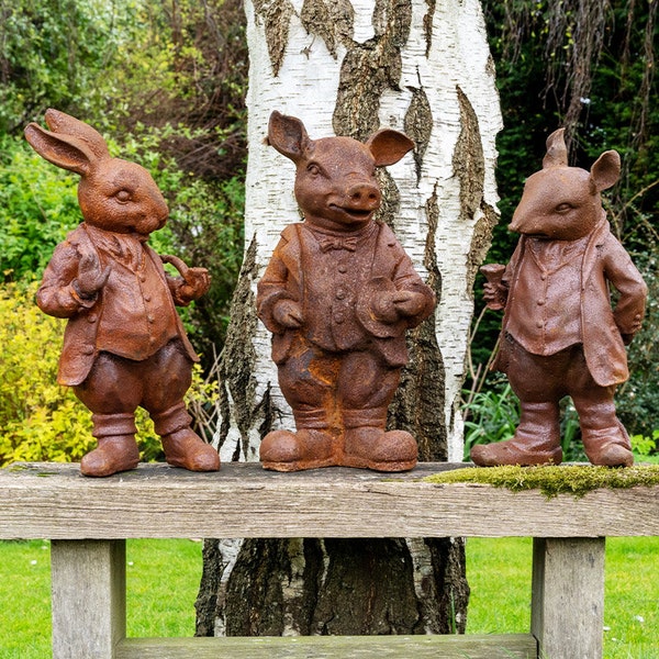 Statues de jardin en fonte Mr Rabbit, Mr Ratty et Mr Pig