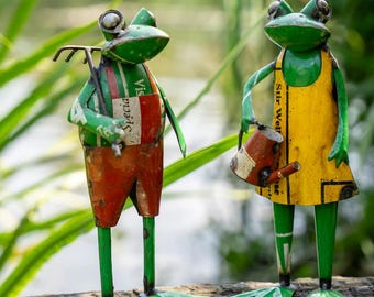 Pair of Recycled / Upcycled Tin Gardener Frogs