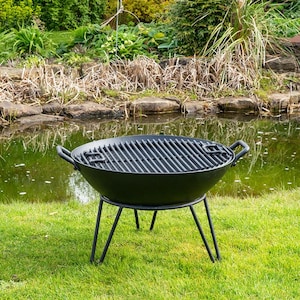 Heavy Duty Steel Fire Pit - Handmade Log Burner Heater with Solid Grill and Stand Perfect For Barbecues BBQ - Black or Rust Finish