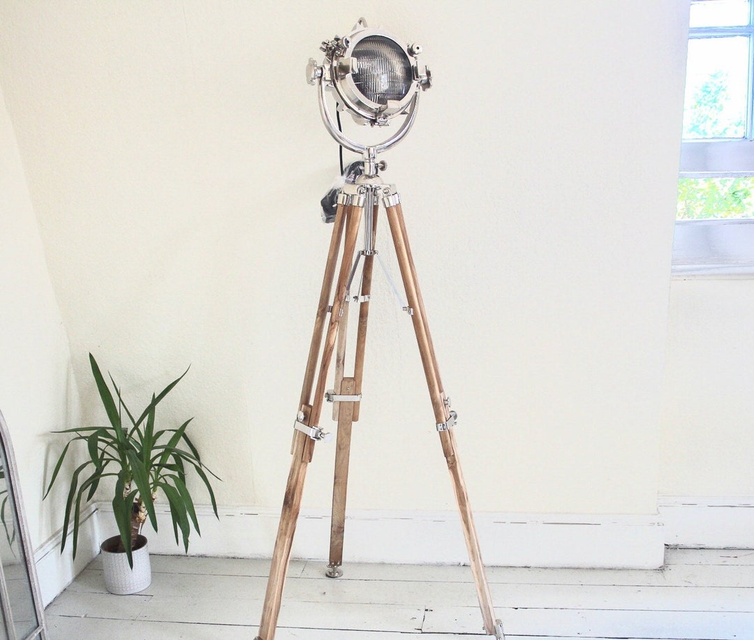 Stainless Steel Floor Lamp Spotlight Including Teak Tripod Vintage